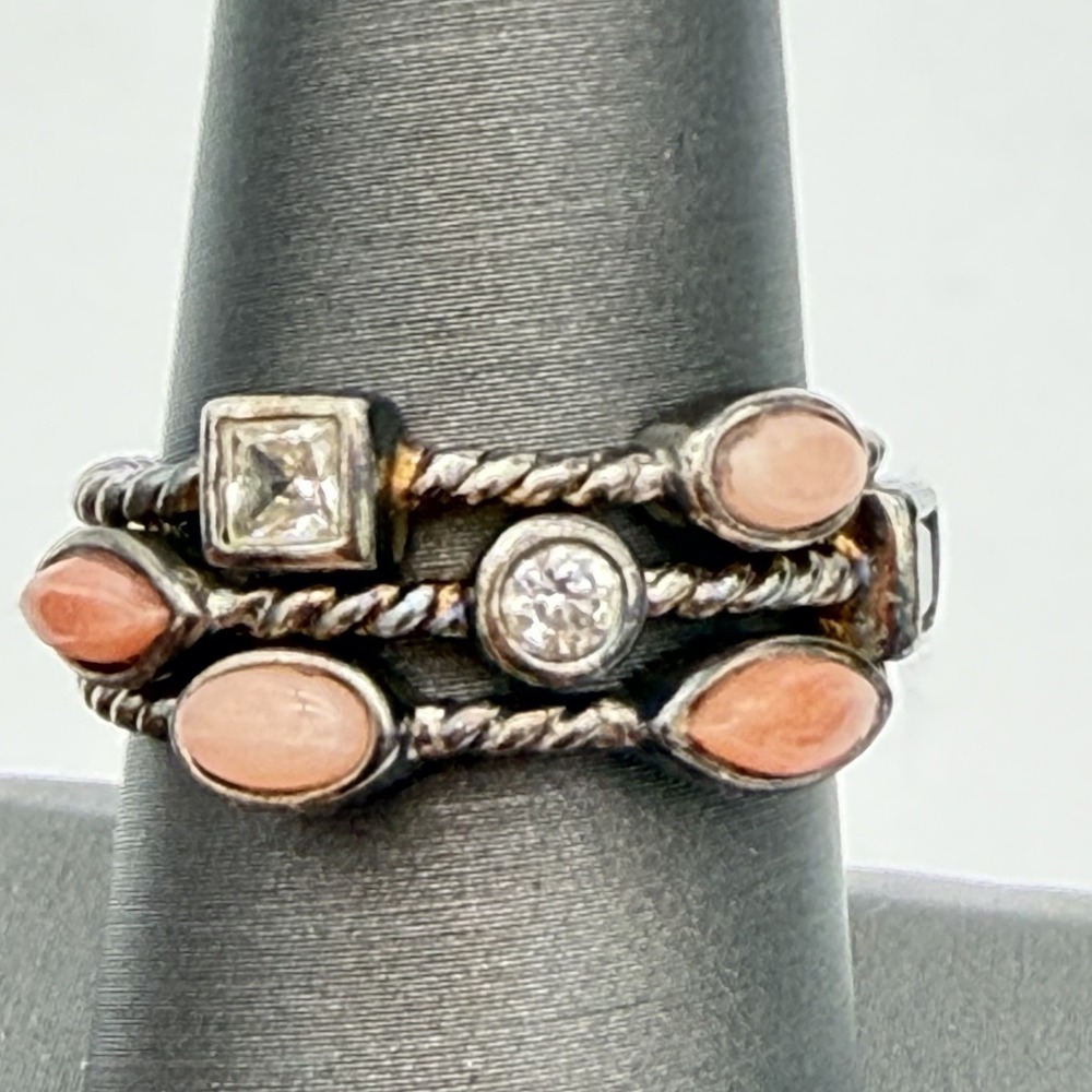 Vintage ESPO Joseph Esposito Sterling Silver 925 Coral Gemstone Ring CZ Sz 7‎
